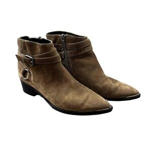 Marc Fisher Brown Suede Ankle Boots Side Zipper Buckle Strap Womens 8M